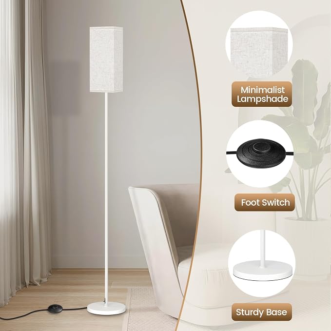 Floor Lamp, Pole Lamp with Foot Switch, Modern Standing Lamp Shade, Minimalist Freestanding Lamp (Bulb Not Included), for Living Room, Bedroom Office ETL Listed, White and Beige WE07LD05