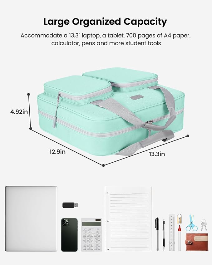Zipper Binder 3 Inch 3 Ring with Shoulder Strap Multi-Pocket,Tough | Binder Bag with Laptop organizer for School Travel,Fit 13" MacBook & Tablet,700 Sheets Capacity,Water Resistant,Light Blue
