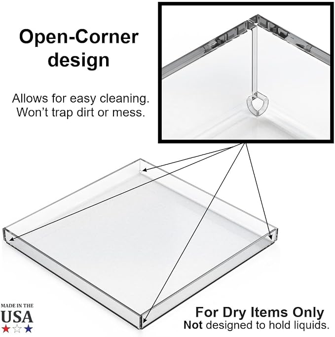 Clear Acrylic Organizer Tray, 12 x 12 Low-Profile Display & Vanity Tray – BPA-Free, Bathroom, Desk, Decor & Serving (Dry Use Only) - Made in USA