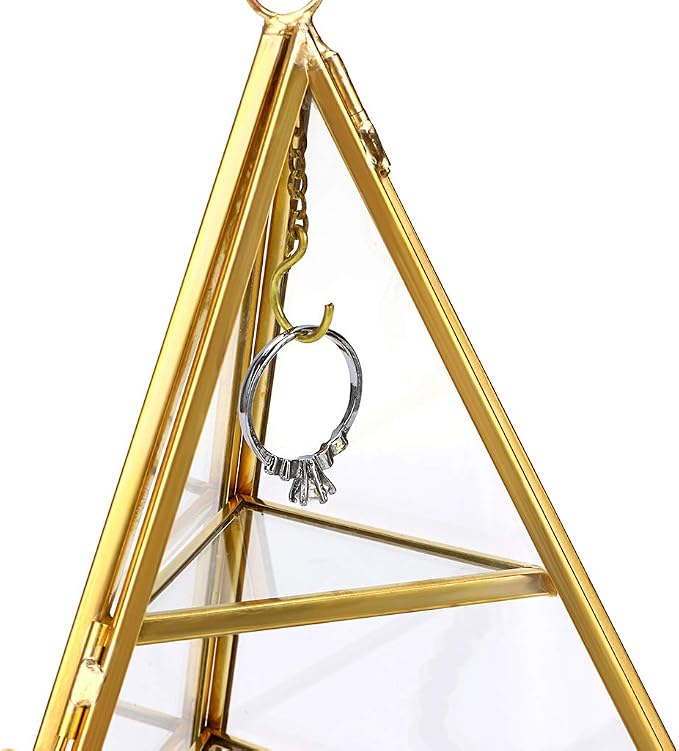 ELLDOO 3 Tier Glass Display Case for Collectibles, Triangular Crystal Display Shelf, Crystal Holder Decorative Display Tray for Crystals Healing Stones Marbles, Gold Metal Jewelry Display Stand