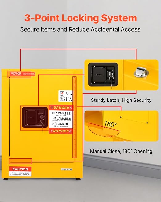 VEVOR Flammable Cabinet 17" x 17" x 22", 12 GalCold-Rolled Steel Flammable Liquid Storage Cabinet, Explosion Proof with 1 Adjustable Shelf 1 Door for Commercial Industrial Use, Yellow