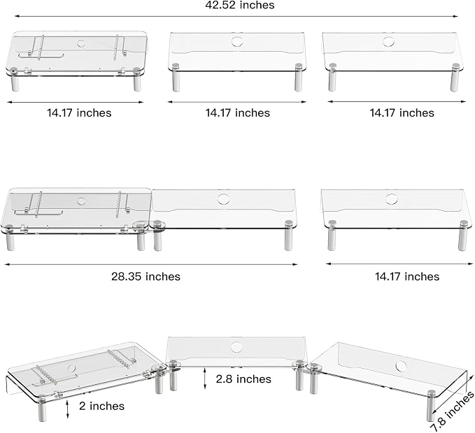 Clear Acrylic Dual Monitor Stand Riser,Laptop Riser Adjustable to 8 Angles | Double Computer monitor riser for desk for 2 Monitors,Desktop organizer Stand for Laptop,PC,Printer,TV，Cute Desk Accessories