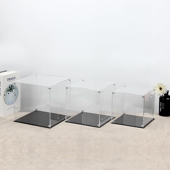 9x9x9Inch Clear Self-Assembly Acrylic Boxes for Display | Transparent Display Case with Black Base and Lid, Cube Countertop Storage Boxes Glass Case for Collectibles Models Figurine