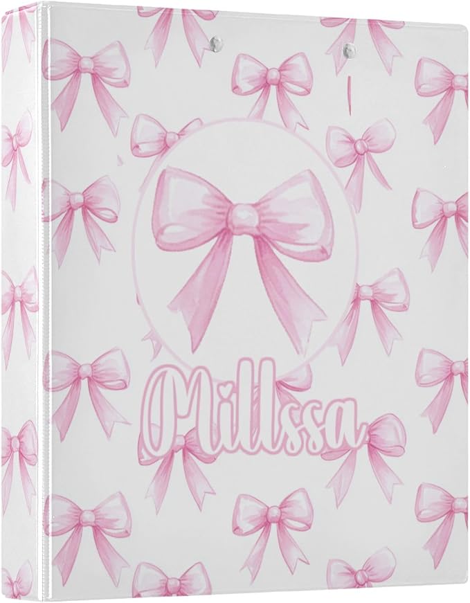 Pink Bows 3 Ring Binder with Clipboard Round Ring Binders White Color Personalized Binder 3 Interior Clear Pockets for Office Supplies 2 Pack