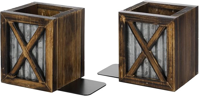 MyGift Rustic Bookends with Pen Holder, Wood & Metal Desk Organizer | Keeps books upright while built-in compartments organize pens, pencils, and desk essentials for work or study spaces
