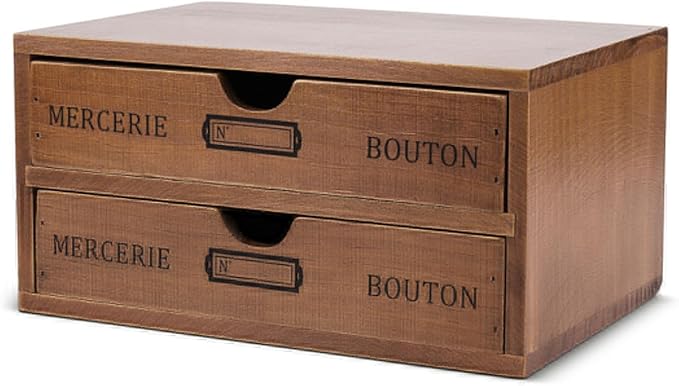 Flexzion Wooden Storage Box with 2 Drawers, Vintage Desktop Organizer | Compact Desk Organizer with Drawers for Office Supplies, Mail, Crafts and Vanity Items; 9.6 X 6.6 X 4.9 In; Fully Assembled