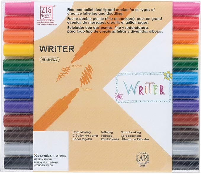Zig WRITER 12 Colors Set, 0.5mm, 1.2mm, Dual Tip, Waterproof and Smudge proof when dry, Archival Quality, No mess, Photo-Safe, Acid Free, Lightfast, Odourless, Xylene Freeing, Made in Japan
