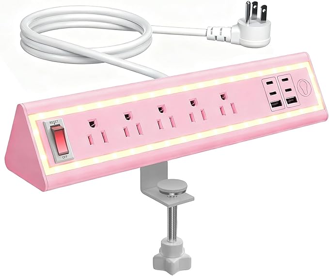 Desk Clamp Power Strip with Nightlight, 40W Fast Charging, 10FT Extension Cord, 4x20W USB-C & 2 USB Ports, 5 AC Outlets, Fits 1.69-Inch Table Edges