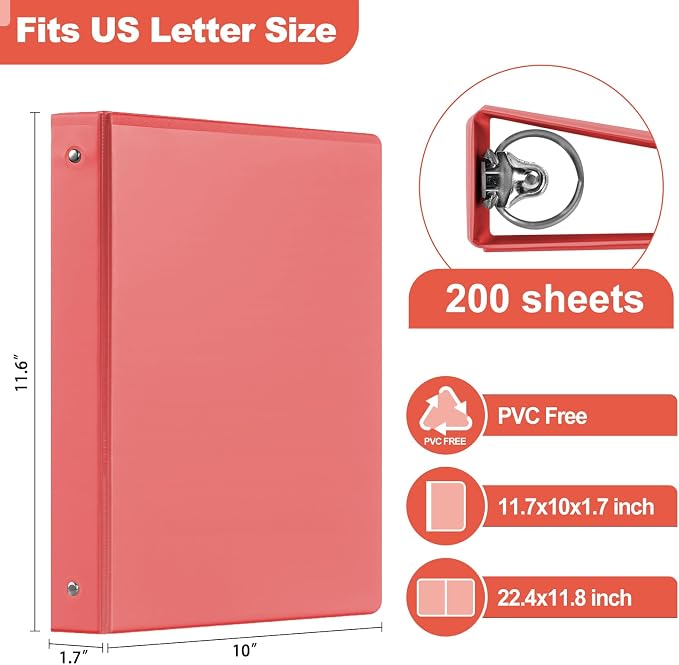 SUIN Basic 1-Inch 3-Ring-Binder, Customizable Clear View Cover, for US Letter Size 8-1/2 x 11'', Perfect for Office/School (Bright Colors -12 Pack)