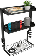 Clamp on Desk Shelf,3 Tier Desktop Organizer,Adjustable Clamp on Desk Top Organizer with Under Desk Hidden Storage Basket&Hooks,No Drilling Desk Clamp Storage Shelves for Working Gaming Accessories