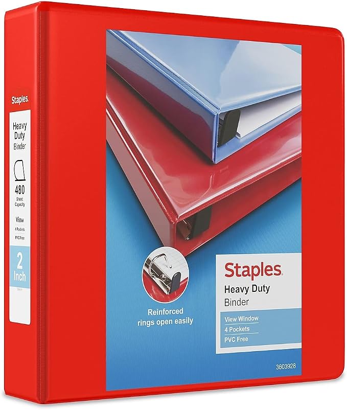 Staples Heavy-Duty 2-Inch D-Ring View Binder, Reinforced Spine, Holds Up to 450 Sheets, Red, for Office & School