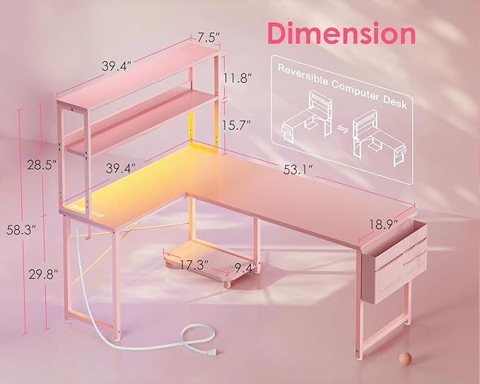 AODK L Shaped Desk Gaming Desk with LED Light & Power Outlet | 53 Inch Pink Reversible L Shaped Computer Table with Shelf & Storage Bag & Hook for Home Office