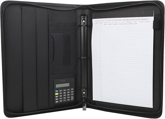 Business Portfolio with Zipper 3 Ring Binder Organizer - PU Leather Folder Padfolio Document Organizer with Solar Calculator,Writing Pad