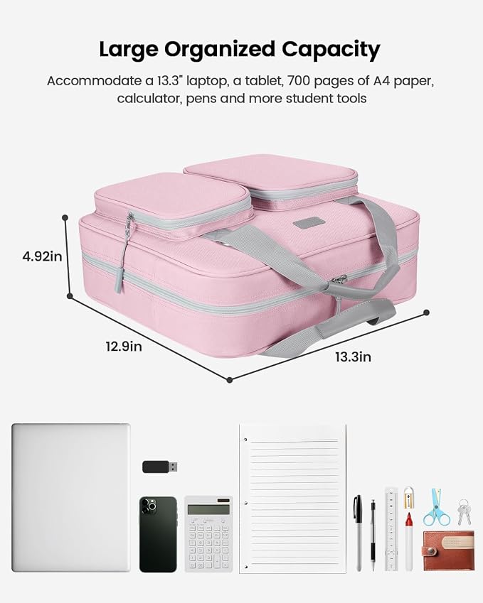 Zipper Binder 3 Inch 3 Ring with Shoulder Strap Multi-Pocket,Tough | Binder Bag with Laptop organizer for School Travel,Fit 13" MacBook & Tablet,700 Sheets Capacity,Water Resistant,Light Pink