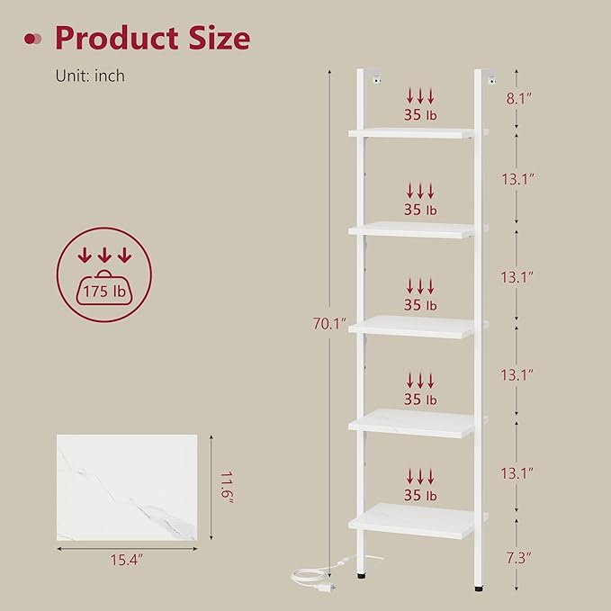5 Tier Ladder Bookshelf with Light, Wall Mount Ladder Shelf White | Narrow Ladder Bookshelf with Storage, Thin Ladder Bookshelf with Metal Frame Ladder Shelf for Living Room, Bedroom, Office