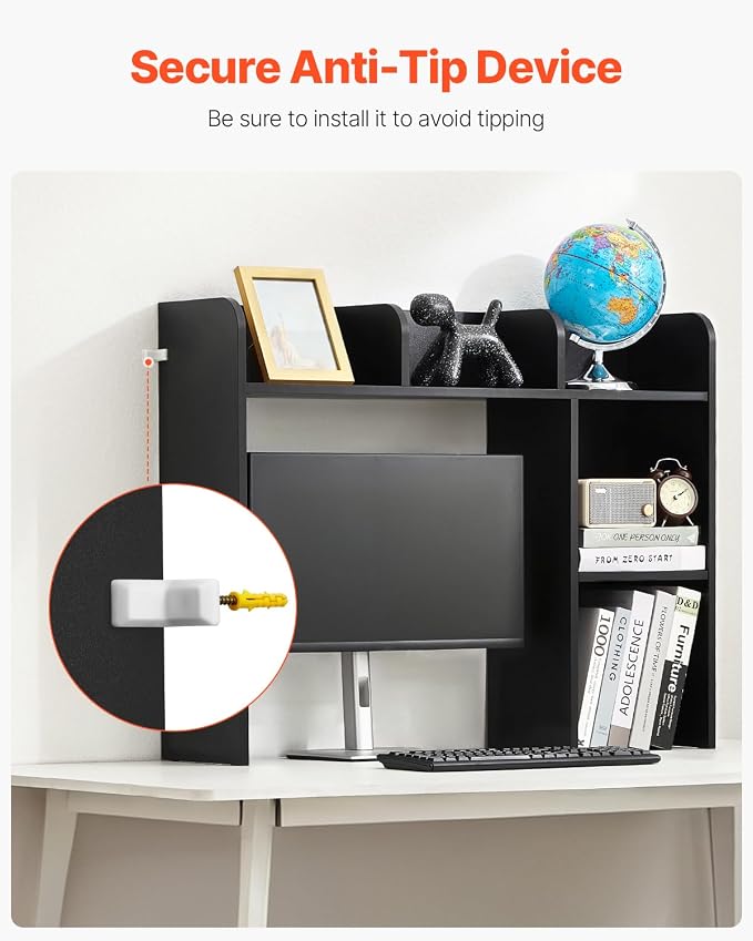 VEVOR Wood Desk Shelf, Desktop Bookshelf, Desk Storage Hutch with 6 Shelves, Office Countertop Organizer 3-Tier Display Rack, with Anti-Slip Feet Pads, for Office, Home & Dorm, Black