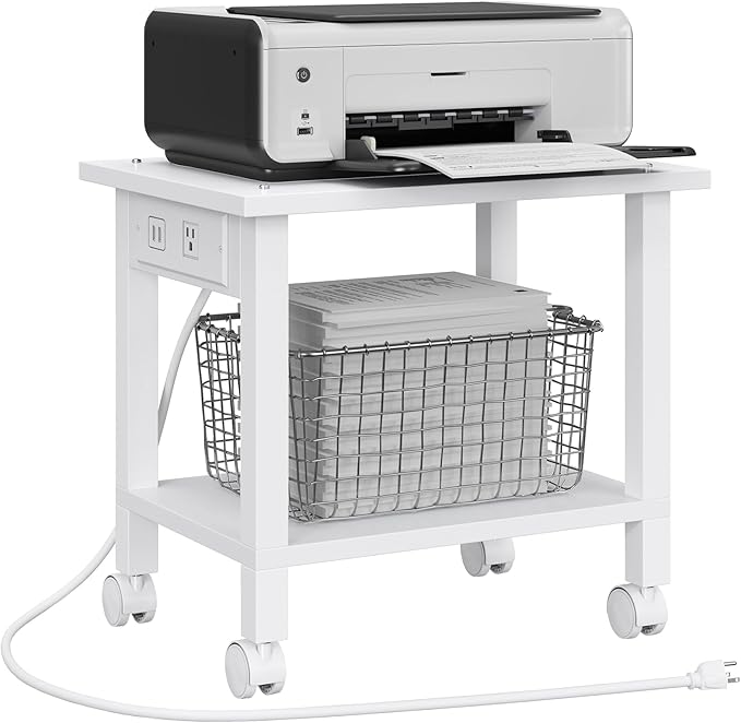 TUTOTAK Printer Stand, 2 Tier Rolling Printer Cart with Charging Station | Small Under Desk Printer Table with Wheels for Small Space, Office, Home, White PS01BW001