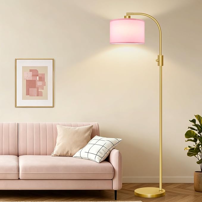 Nintiue Dimmable Floor Lamp, 1200 Lumens LED Edison Bulb Included, Arc Gold Floor Lamps for Living Room Modern Standing Lamp with Pink Linen Shade