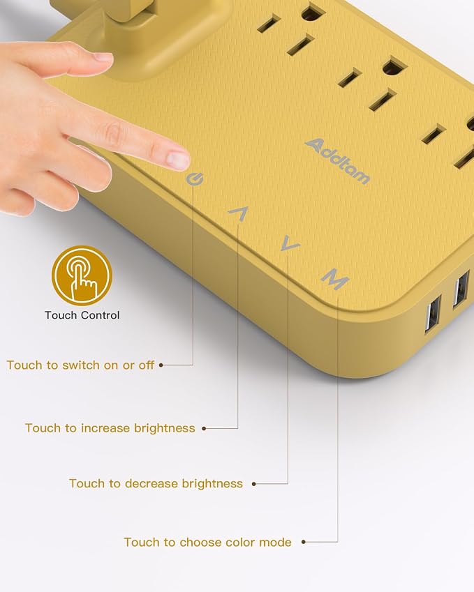 Addtam LED Desk Lamp, Power Strip with 3 Outlets 4 USB Charging Ports(2 USBC), 4 Modes 5 Level Brightness Touch Lamp, Small Desk Lamp for Home Office College Dorm Room Essentials, Yellow