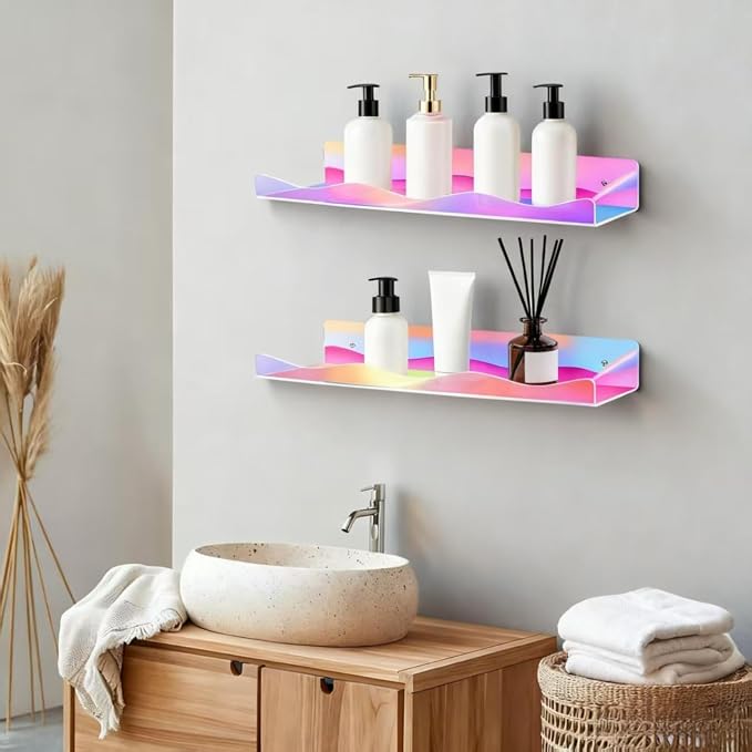 6 Pack Iridescent Acrylic Floating Shelves, 15.7" Clear Acrylic Display Shelves Bookshelf Wall Mounted, Bathroom Kids Room Home Storage Wall Decor Ledge Shelf for Skincare, Perfume, Nail Polish