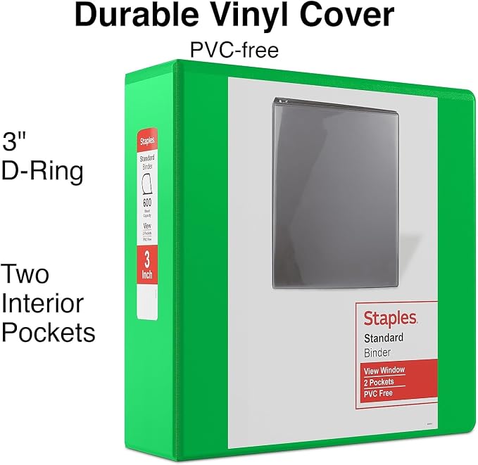 Staples Standard 3-Inch D-Ring Non-View Binder, Holds Up to 600 Sheets, Green, Large Capacity Binder for Office & School