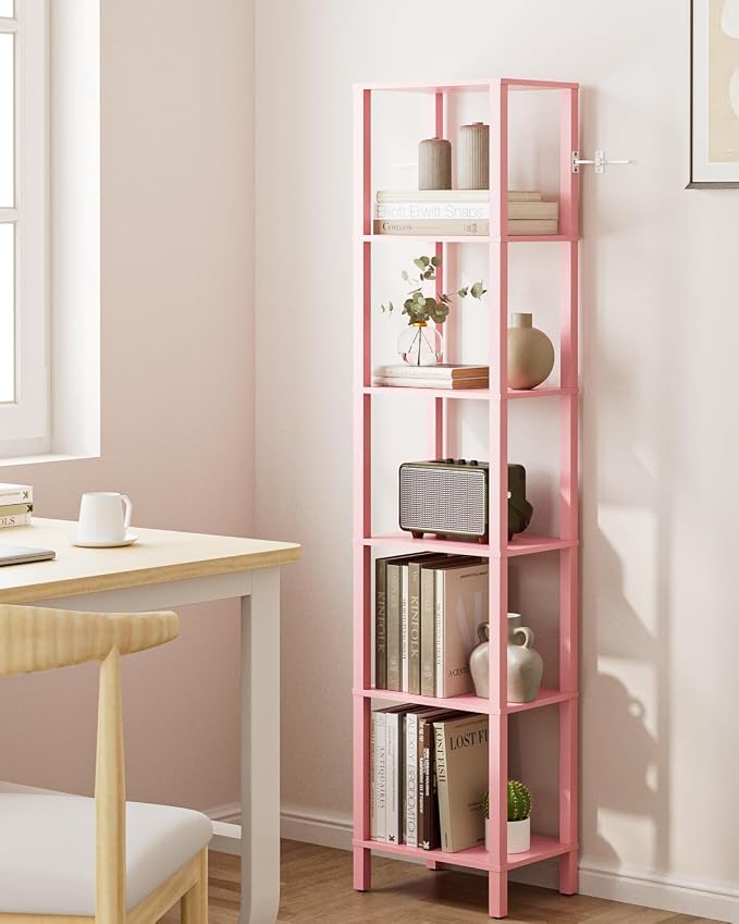 Open Book Shelf, 6 Tier Tall Bookshelf, Freestanding Shelf Narrow Bookcase with Open Shelves, 14.57" x 10.63" x 65.83", Book Shelves for Living Room, Office, Study, Pink