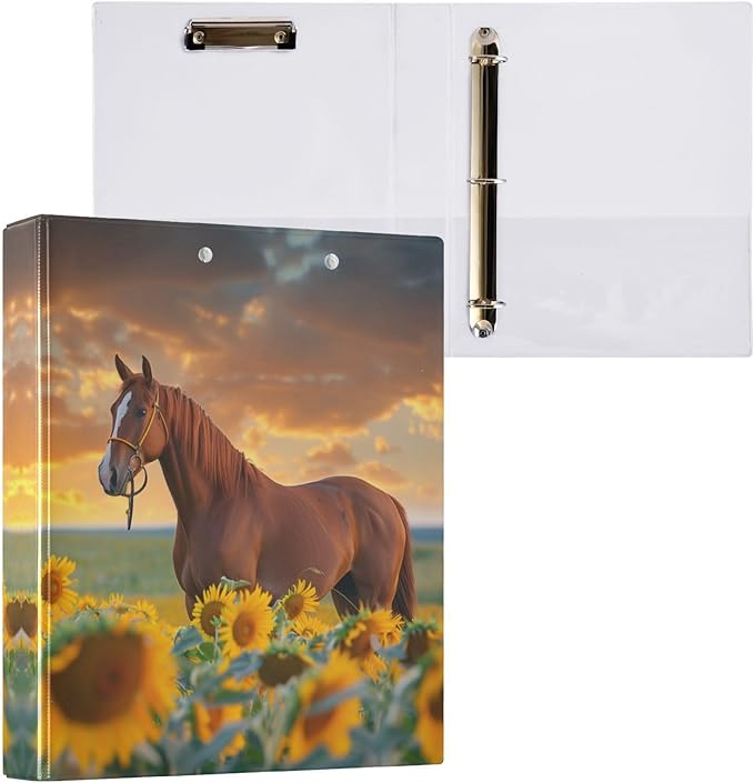 3 Ring Binder Sunflower Horse 1.5 Inch Three Ring Binder | Cute Binder with 3 Storage Pockets for Women School Office Supplies