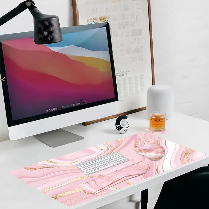 4-in-1 Gaming Mouse Pad Wrist Support Set，Desk Pad + Mouse Pad with Wrist Rest + Keyboard Wrist Rest + Coaster, Ergonomic Design for Home Office Study Game - Pink Fluid