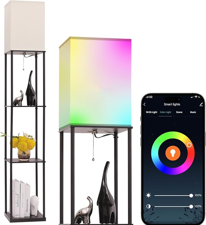 Gupuzm Floor Lamp with Shelves, with Modern Square Standing Lamp with Smart APP Control RGB Bulb, Corner Display Bookshelf Lamp for Living Room, Bedroom and Office (black-9RGB)