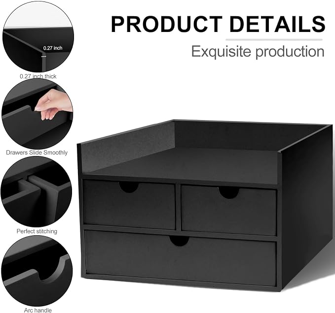 Charmewooden Bamboo Desk Organizer 3 Drawer with Shelf, Countertop Organizer with Drawers Makeup Storage Drawer 3 Drawers Tabletop Storage Organization Box Home Office Workspace（Black）