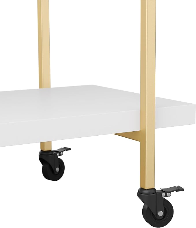 Martha Stewart Liam 2-Tier Mobile Office Storage and Printer Cart, White | Polished Brass Frame