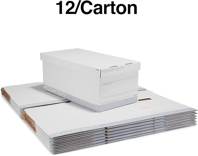 STAPLES Storage & Filing Box, Letter Size, Stackable, 12-Pack, White/Gray | Medium-duty boxes with handles and removable lid for document storage.