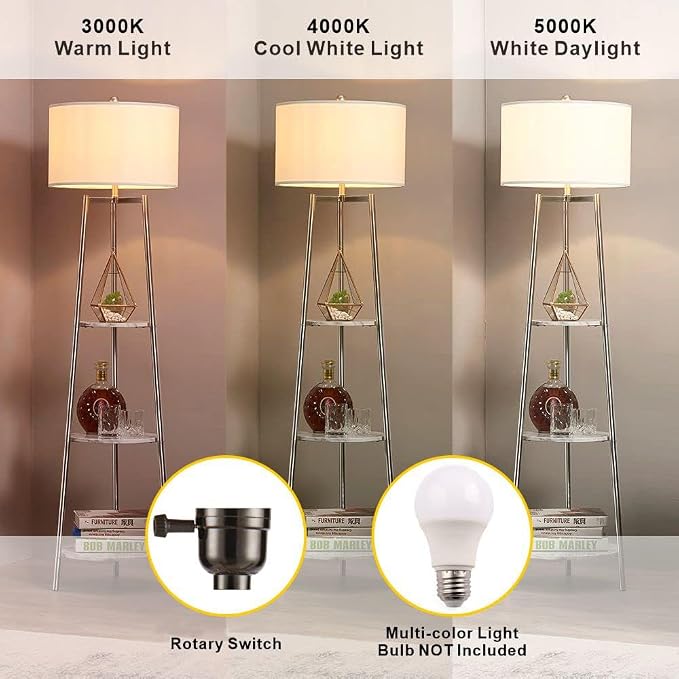 ROSEN GARDEN Floor Lamp, Standing Reading Light with Faux Marble Shelves and Fabric Shade, Modern Tall Pole Lamp, Accent Furniture Décor Lighting for Living Room, Bedrooms