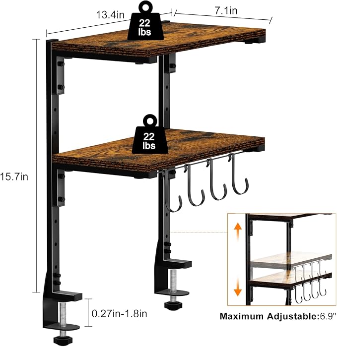 Clamp-on Desk Shelf, 13 inch Above or Below Desk 2-Tier Shelving, Adjustable Metal Storage Tray for Gaming Devices or Office Desk Accessories and More, Brown, Patent Pending