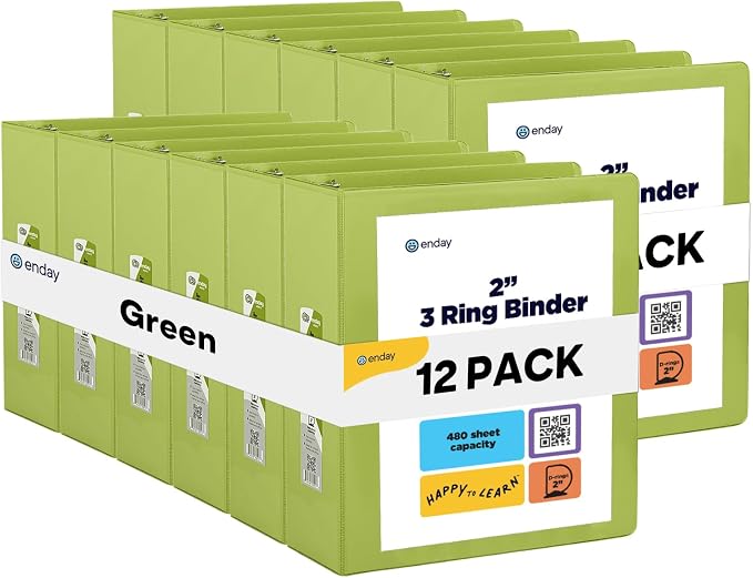 Enday 2 inch 3 Ring Binder (12 Pack - Green) Binder 2 inch with Clear View Cover and 2 Inside Pocket - for Letter Size 8.5 x 11'' Paper, Ideal for School Supplies, Office, and Home
