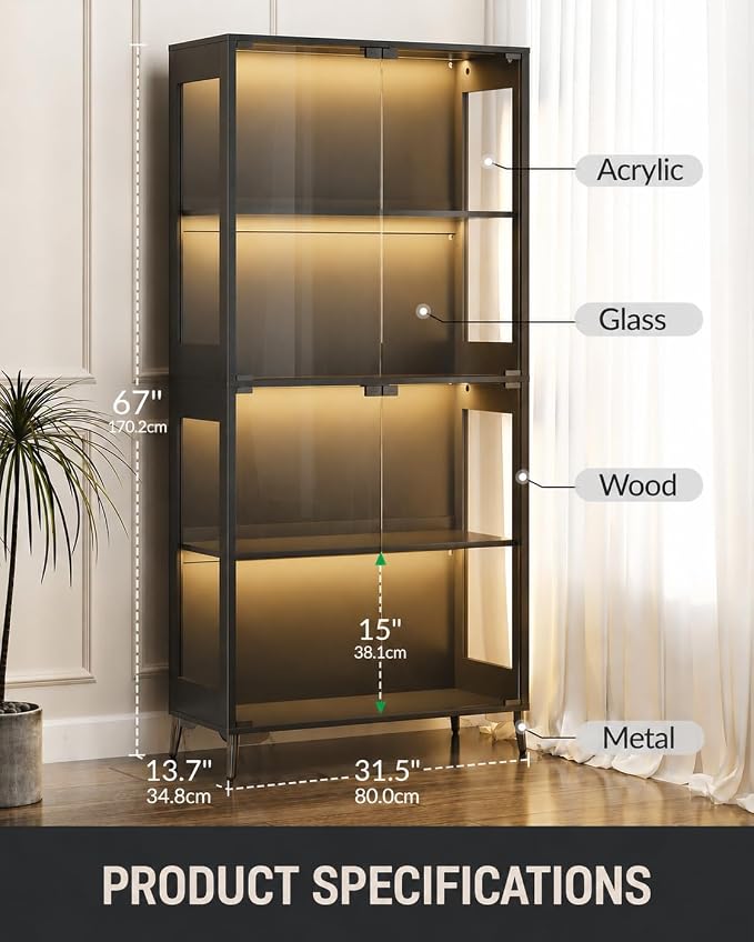 Display Cabinet with Glass Doors, 4-Tier Curio Cabinet with Adjustable Shelves, Glass Display Case for Collectibles, 60000 Color LED Lights with App & Remote Control, Metal Base Storage Cabinet, Black