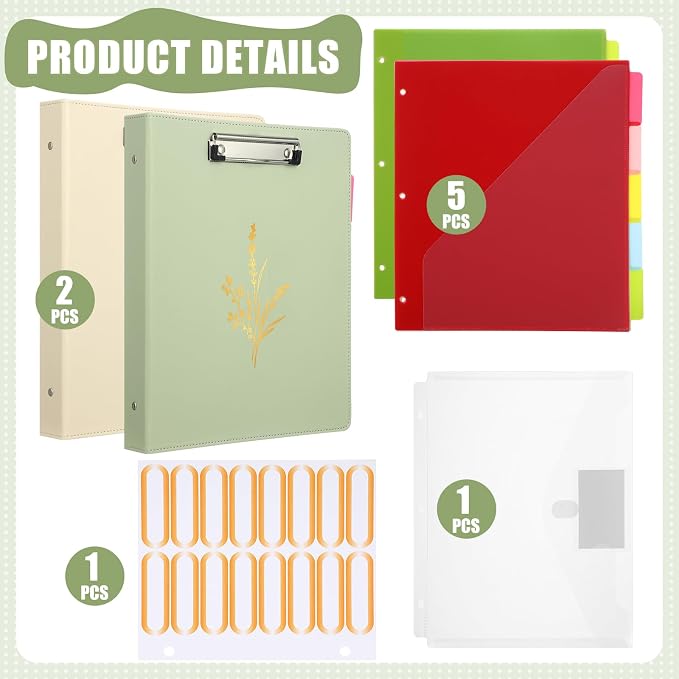 Honoson 2 Sets Leather 3 Ring Binder with Clipboard 1.5 Inch Aesthetic Binders Organizer Fit Letter Sized Paper 13 x 10.2 with 5 Tabs Pockets Dividers Folder and Divider Stickers for School Office