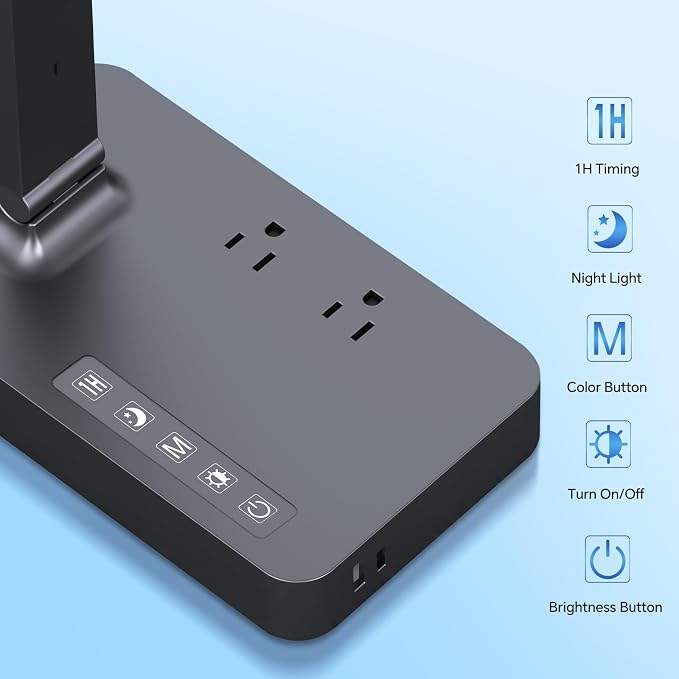 Desk Lamp with USB Charging Port: Power Strip with Surge Protection - 1 Type-C, 1 USB-A Charging Port, 2 AC Power Outlets, Desk Lamps for Home Office College Dorm Room Essentials