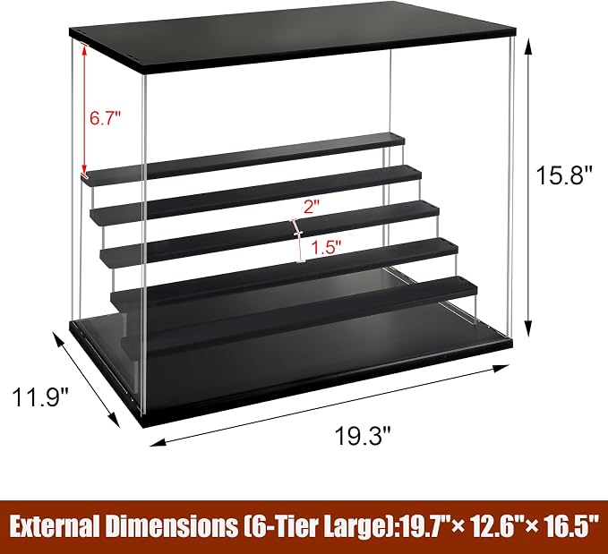 Acrylic Display Case with Adjustable LED Light, 6 L Tier Clear Display Box Dustproof Showcase for Action Figures, Collectibles and Mini Toys, Assembly Display Cabinet(Black 19.7*12.6*16.5in)