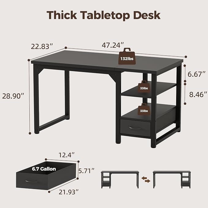 48 in Computer Desk with Drawer, 1" Thick Reversible Office Desk | Modern Writing Table with Storage Shelves, Heavy Duty Industrial Study Desk for Home Bedroom Work