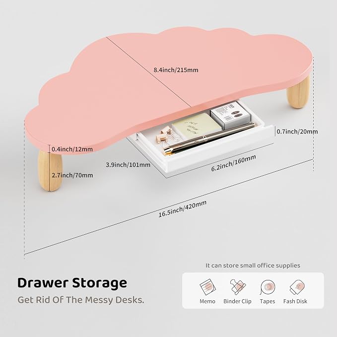 AFOOYO Monitor Stand Riser,Cloud-Shaped Sturdy Wood 16.5In Computer Monitor Riser Wirh Drawer, Multi-Purpose Desktop Organizer Riser for Computer,Laptop,Printer,TV,Pink