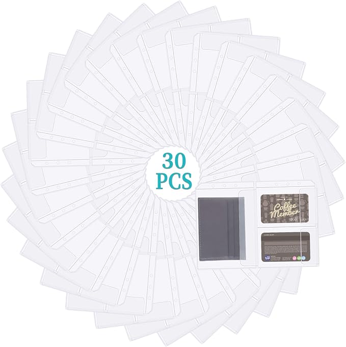 30pcs A5 Binder Pocket no Zipper Budget Planner Inserts Bulk Clear Budget Binder Organizer Cash Envelopes for Budgeting Waterproof PVC Loose Leaf Bags Card Sleeves for 6 Ring Notebook