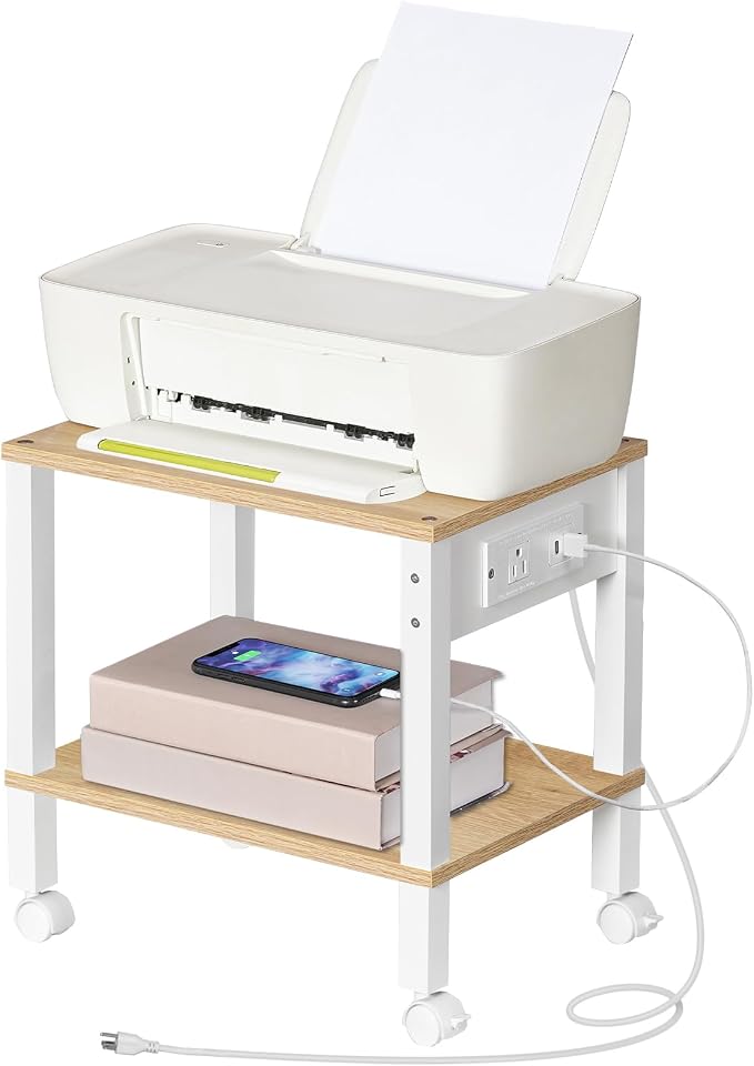 HOOBRO 2-Tier Printer Stand with Charging Station, Under Desk Printer Table, Printer Cart with Storage Shelves, Shelf for Small Spaces, for Home Office, Natural WN38UPS01