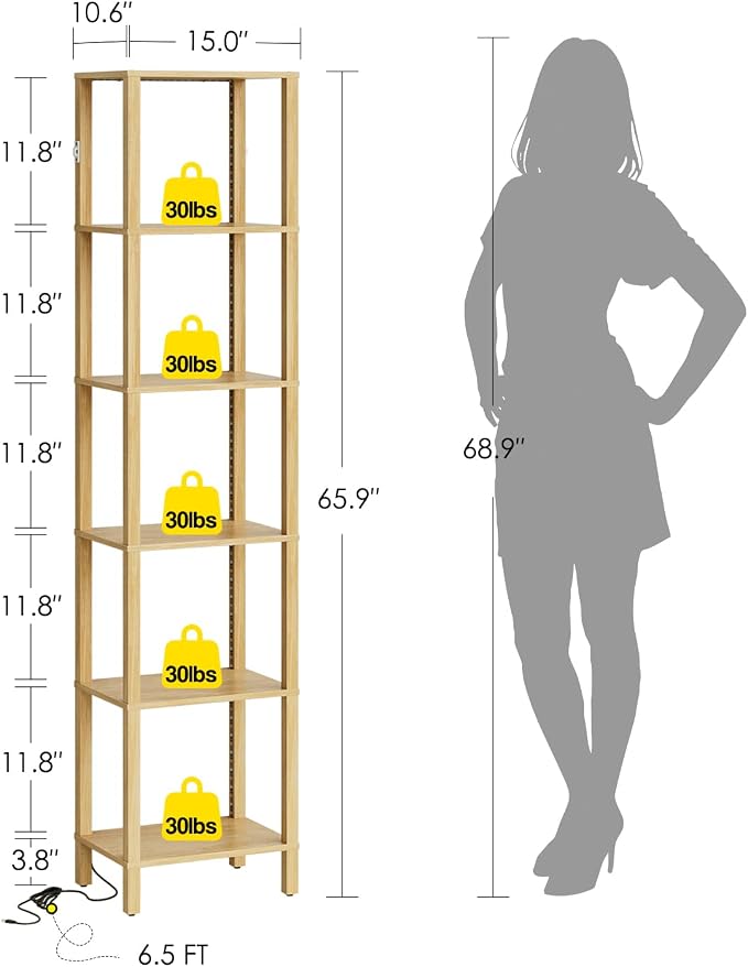 Open Book Shelf with LED Lights, 6 Tier Tall Bookshelf, Freestanding Shelf Narrow Bookcase with Open Shelves, 14.57" x 10.63" x 65.83", Book Shelves for Living Room, Office, Study, Oak