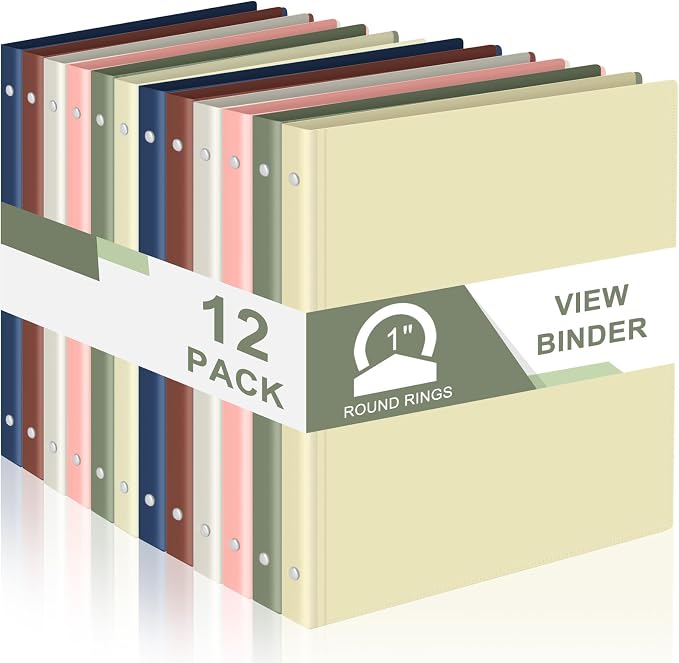 Fulmoon 12 Pcs 1 Inch 3 Ring Binders with 2 Interior Pockets Fits Letter Size Paper 8.5'' x 11'', Clear View 1-inch Three Ring Binders for School Office Business Supplies(Boho Color)