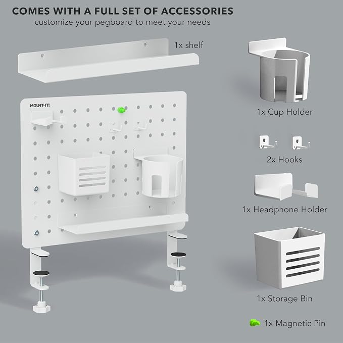 Mount-It! Clamp-On Desk Pegboard Organizer, White | Adaptable desk storage with shelf, cup holder & hooks for home office, gaming & crafting essentials.