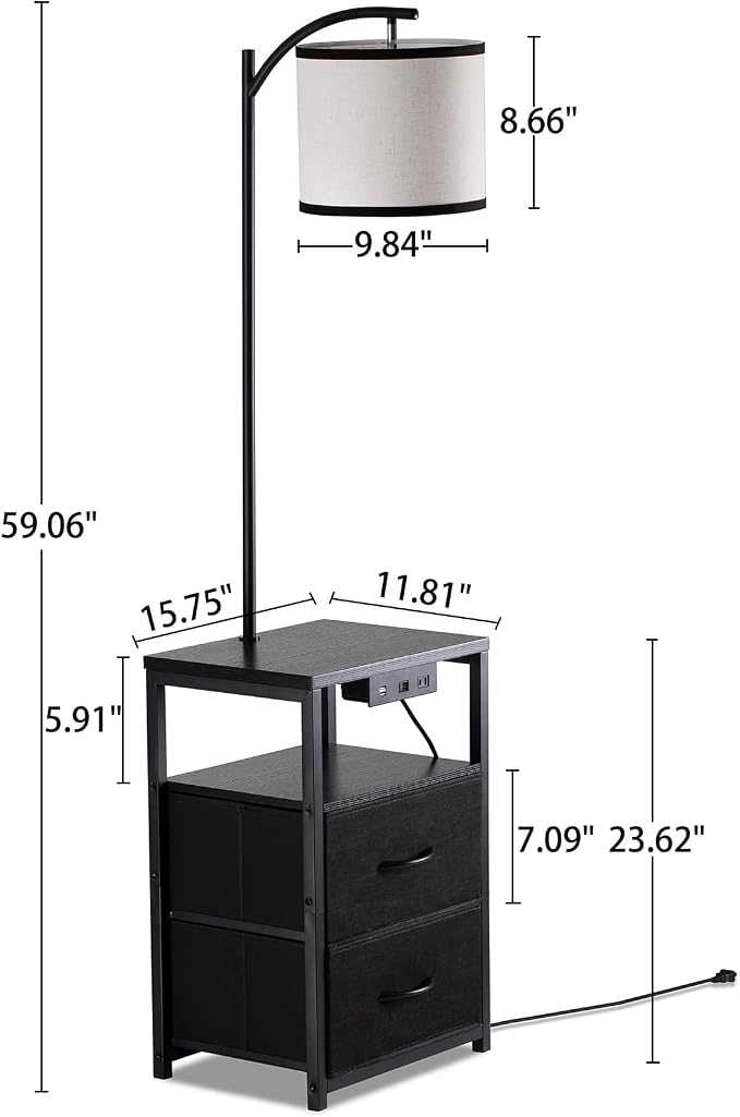 SUNMORY Floor Standing Lamp with Table & 2 Drawers, USB & AC Charging Port | 3 Color Temperature LED Bulb, Modern Nightstand for Bedroom, Shelves End Side Table Lamp for Living Room Home Office, Black
