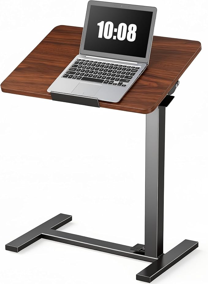 DUMOS Overbed Table with Wheels, Height-Adjustable Bedside Table, Brown | Rolling standing desk with Pneumatic Lift, Portable mobile desk for Bed, Couch, Office, Sofa