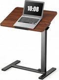 DUMOS Overbed Table with Wheels, Height-Adjustable Bedside Table, Brown | Rolling standing desk with Pneumatic Lift, Portable mobile desk for Bed, Couch, Office, Sofa