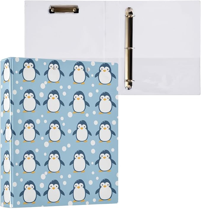Penguin Cute D Ring Binders 1.5 Inch with Clear Pocket, School Office Supplies Water Resistant Kitchen Recipe Organizer Hard Round Ring View Binders with Aesthetic Print